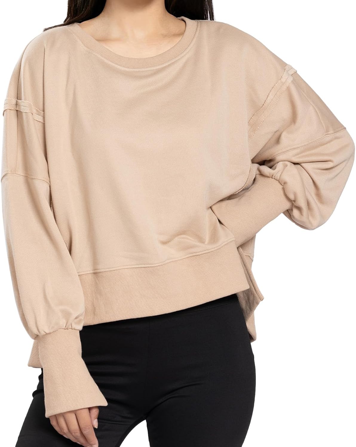 Womens Crewneck Sweatshirts Cropped Long Sleeve Tops Oversize Loose Fit Tee Side Sl...