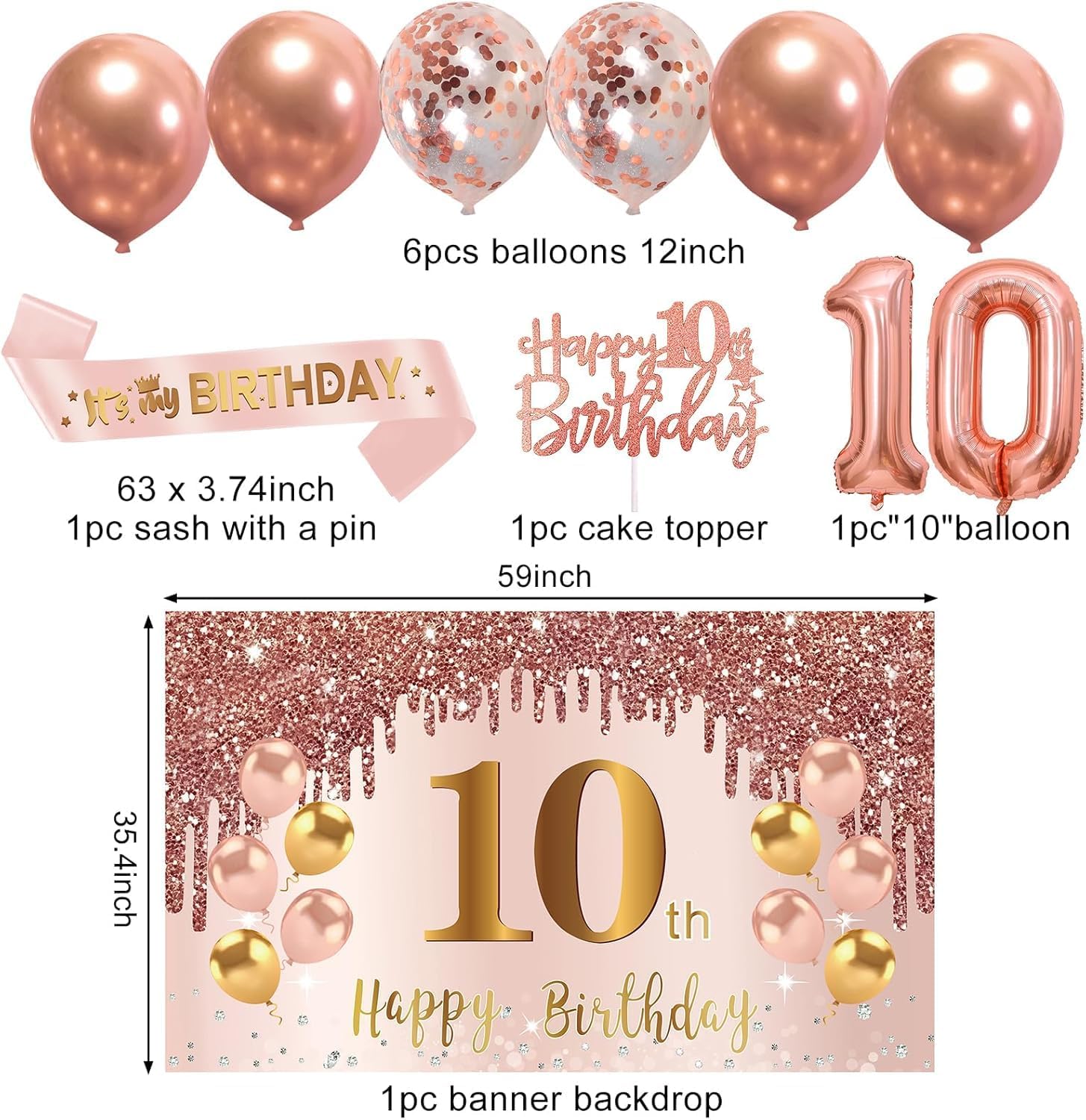10th Birthday Decorations for Girls, Pink Rose Gold Happy 10 years old Birthday Banner Backdrop Balloons Sash Table Cake Topper Honeycomb Centerpieces Hanging Swirls Paper Fans Party