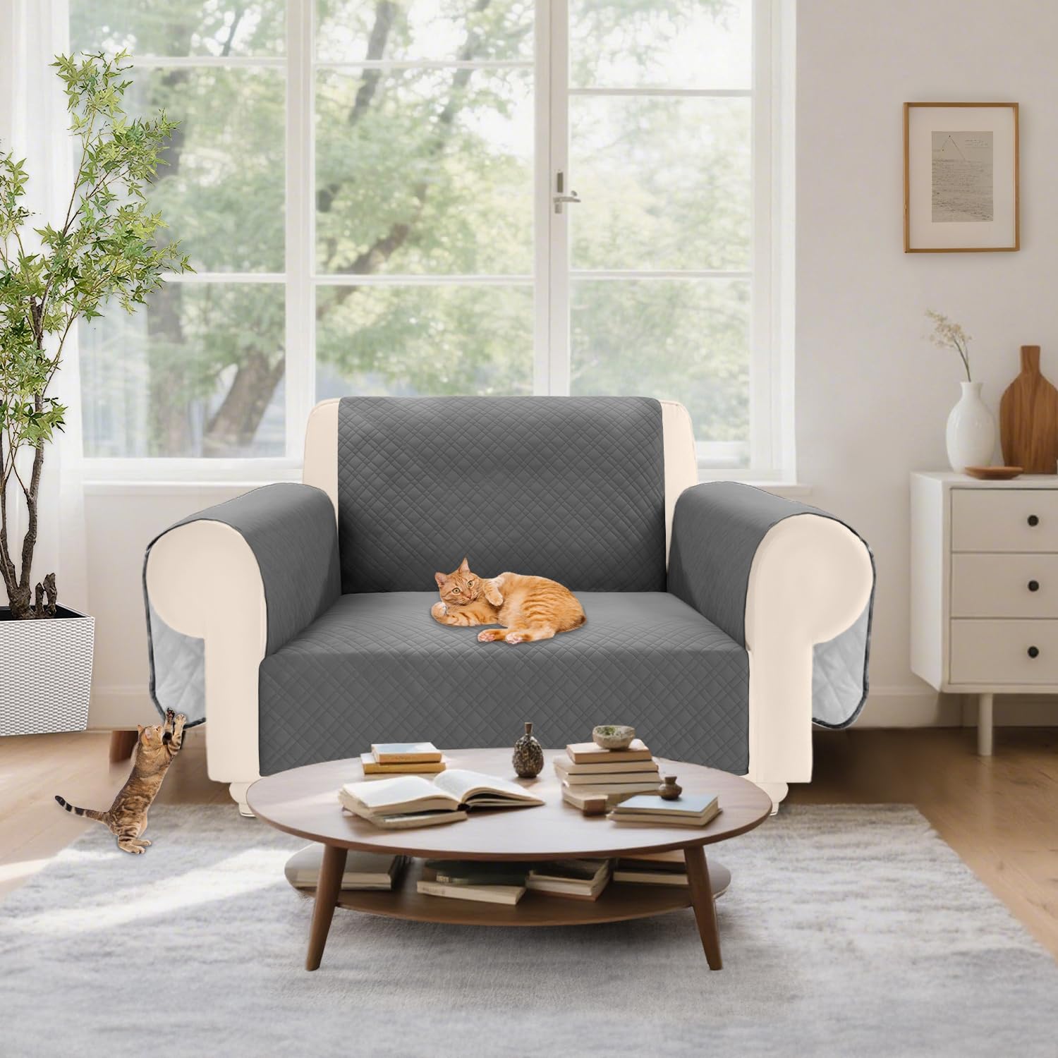 Velvet 100% Waterproof Chair Covers for Living Room Sofa Armchair Cover Washable Couch Arm Chair Slipcovers for Dogs Non Slip Quilted Furniture Protector with Pockets (Small, Dark Grey)