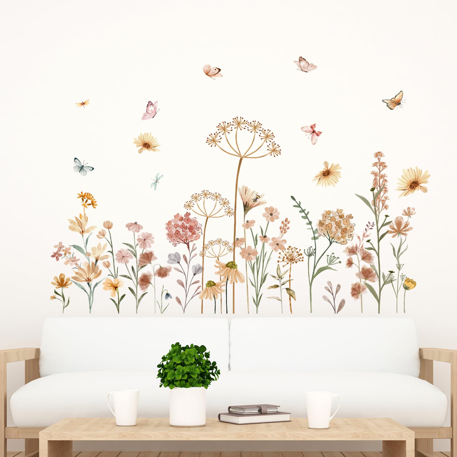 Boho Flower Wall Stickers for Bedroom: Peel and Stick Wildflower Floral Butterflies Wall Stickers