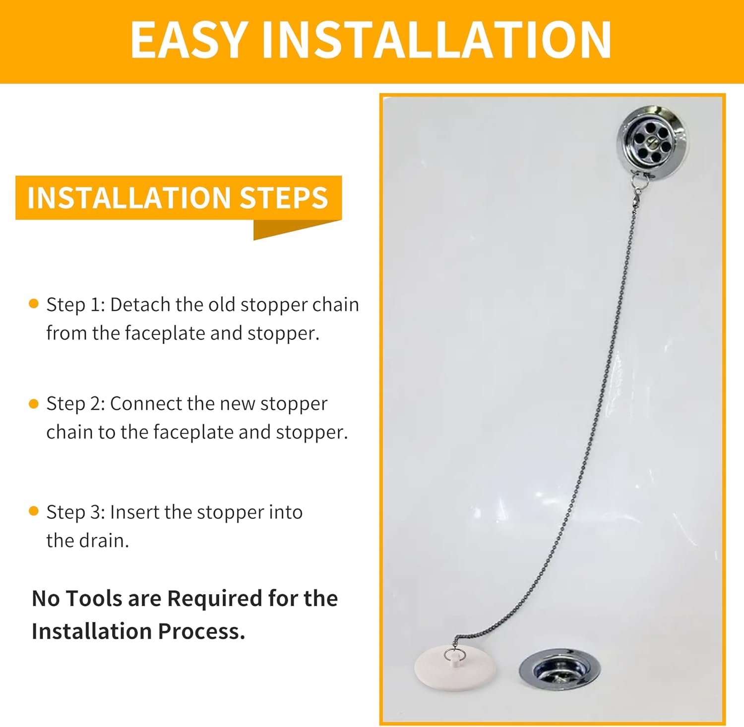 2-Pack Drain Plug, Rubber Bathtub Plug, 1-3/8 Inch Tub Plug with 15" Stainless Steel Beaded Chain, Sink Stopper for 1 to 1-3/8" Bath Tub, Kitchen, Bathroom and Laundry Sink, White