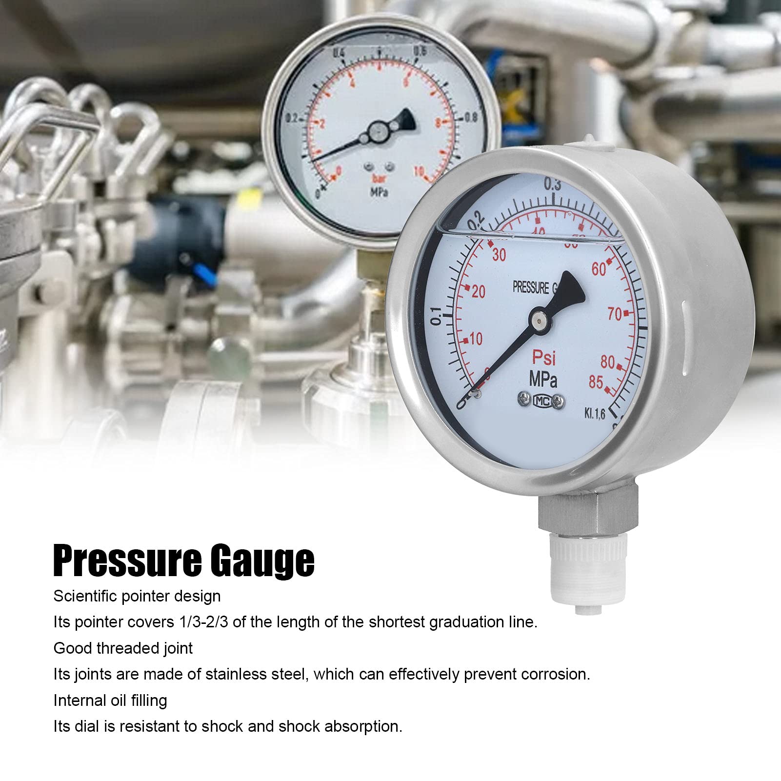 Manómetro de Presión Y100BF, 100 mm Manómetro de Acero Inoxidable Radial con Glicerina, Medidor Industrial de 0 a 0,6 MPa, Rosca M22x20 mm