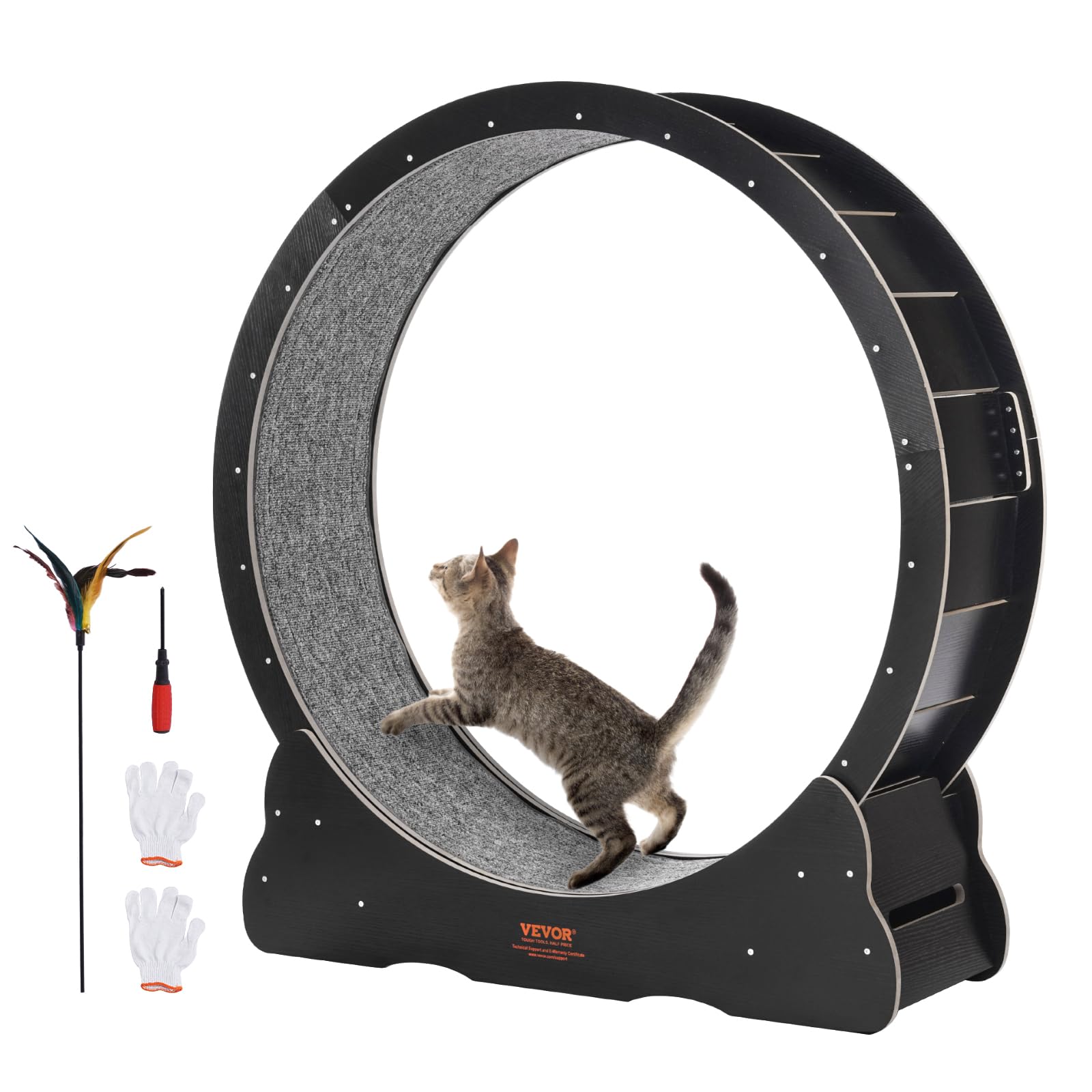 vevor cat exercise wheel, 43.3" large cat treadmill for indoor pets, running wheel with detachable carpet & cats teaser toy for running/walking/training, suitable for most cats black