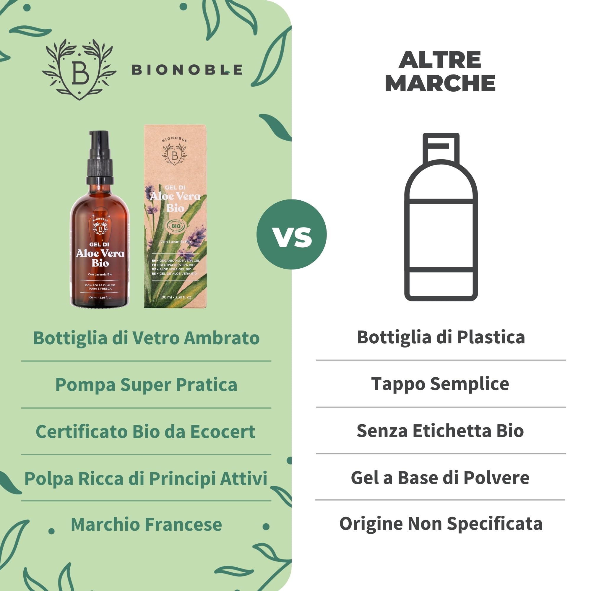 BIONOBLE Gel Aloe Vera Puro Biologico 97% con Olio Essenziale di Lavanda - Idrata e Lenisce - Aloe Vera Gel Puro per Capelli, Crema Pura Viso, Acne, Corpo, Doposole - Bottiglia di Vetro, Pompa - 100ml