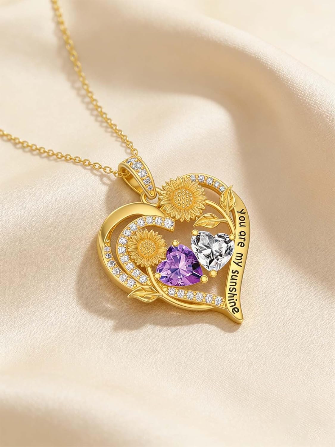 Double Birthstone Necklace 14K Gold Plated You Are My Sunshine Sunflower Necklace Heart Pendant Jewelry Mother's Day Birthday Gift for Wife Grandma Her Mom