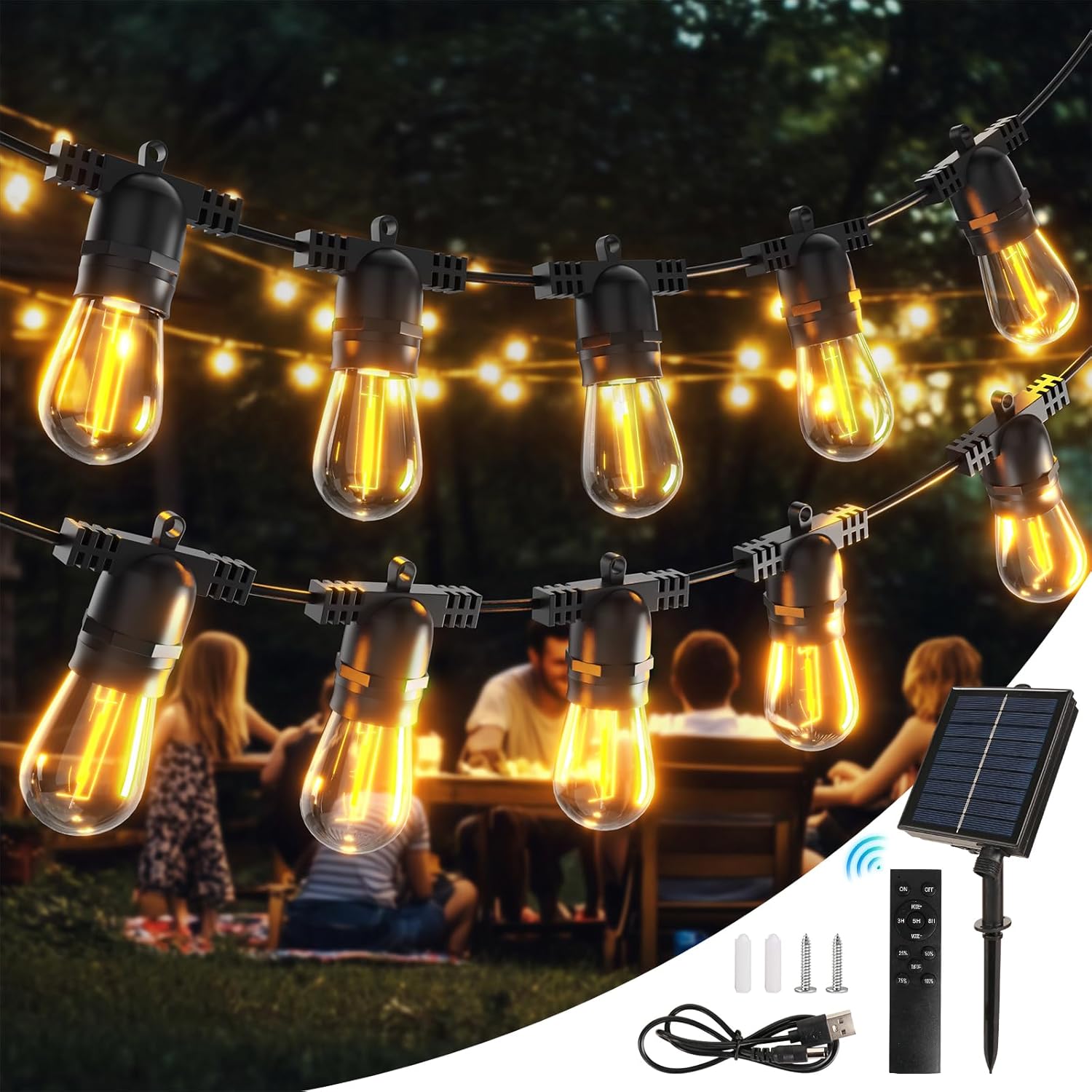 S14 Solar String Lights Outdoor with Remote 100 FT, USB & Solar Dual Charging, Waterproof, 8 Modes 3 Timers, 34+3 LED Shatterproof Bulbs, Dimmable Solar Light for Camping Backyard Bistro Porch Garden