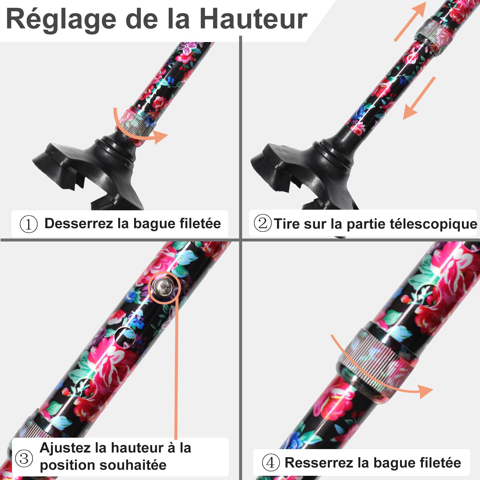 BeGrit Canne de Marche Telescopique 57-95 cm Cannes Tripode en Aluminium