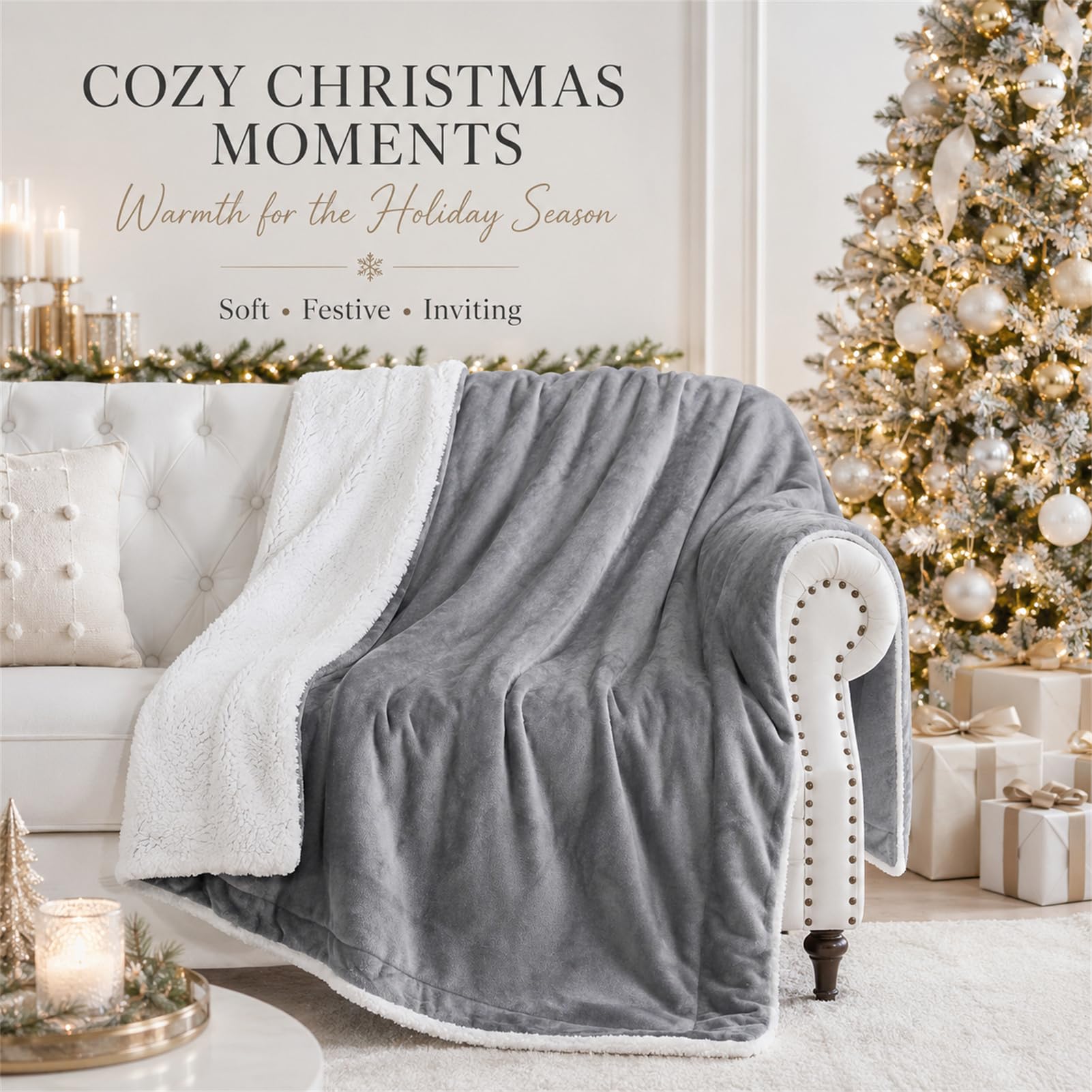 Manta de Navidad Reversible de Franela y Borreguito para Sofá(Grey,180×200 cm)