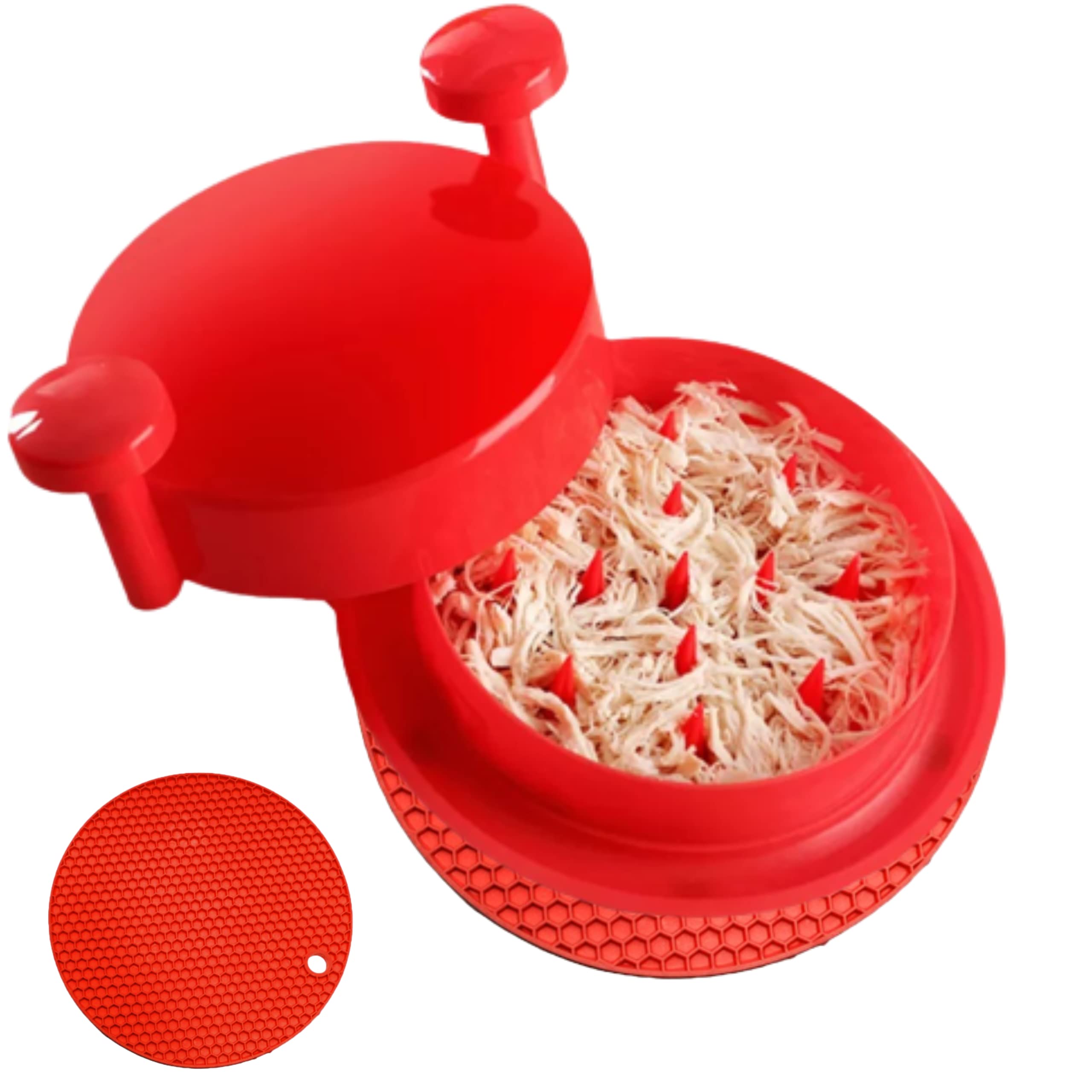 Ragnify Chicken Shredder Tool, with Non Skid Base Silicone Mat Alternative to Claws Meat for Boil Chicken,Beef and Other Meat (Red Non-Transparent Lid)