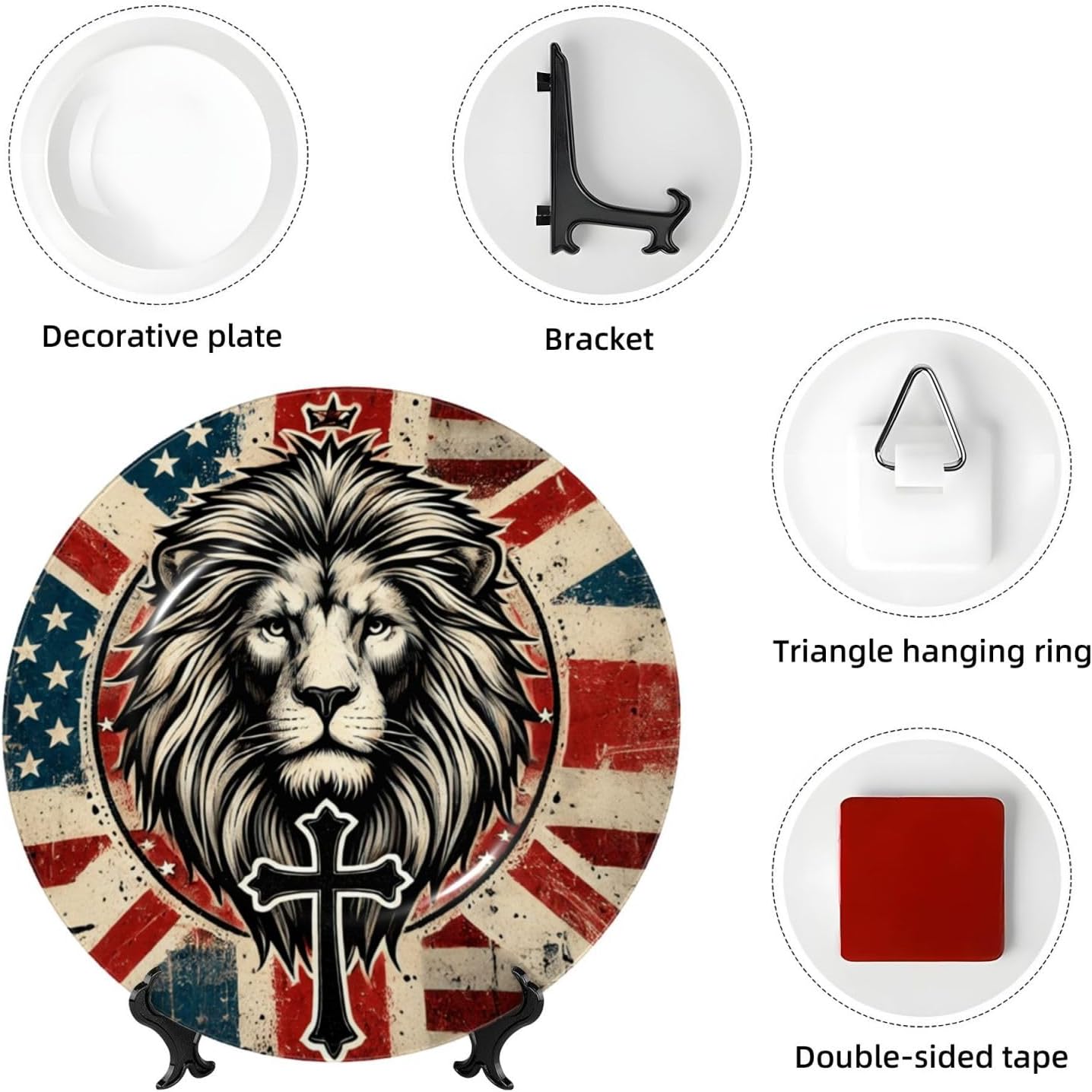 Powerful-Lion-Cross-America 10 Inch Decorative Plate With Stand, Elegant Display Wall Plate For Home Decor