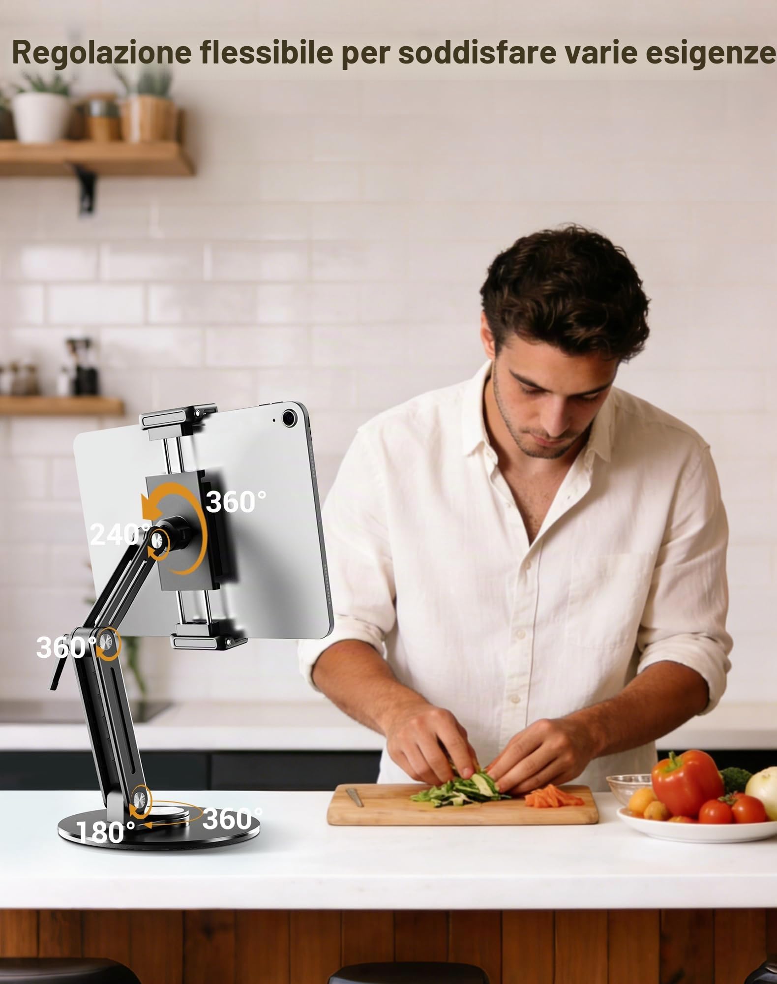 Supporto portatile per monitor e tablet, robusto supporto in alluminio, base girevole a 360°, capacità di carico di 2 kg, pieghevole per iPad da 4,7-18,5 pollici, tablet, monitor, cucina e viaggi