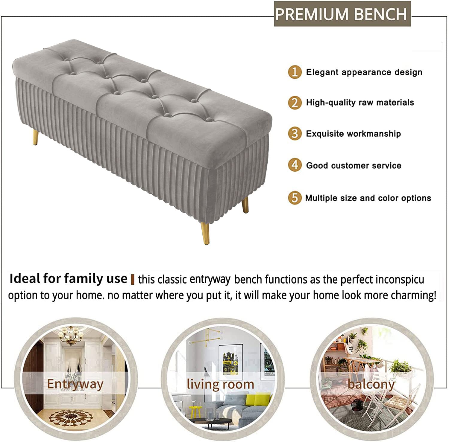 Elegante Panca Imbottita per l'ingresso con vano Porta Scarpe | Sgabello in Legno Diniroom per sedersi ai Piedi del Letto | Mobile Multifunzionale 79x41x46 cm