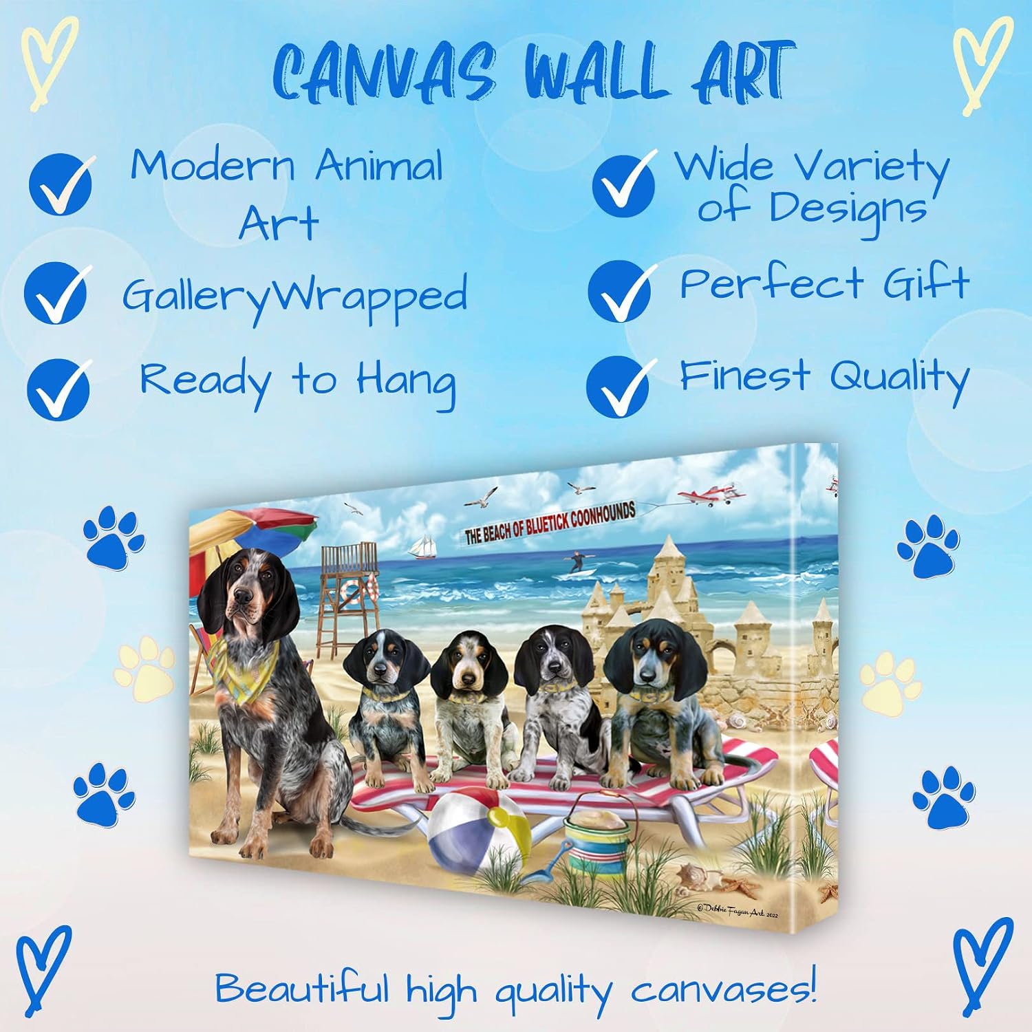 Doggie of the Day Pet Beach Family with Bluetick Coonhound Dogs Canvas Wall Art - Premium Quality Ready to Hang Room Decor - Flat Rolled 8" x 10"