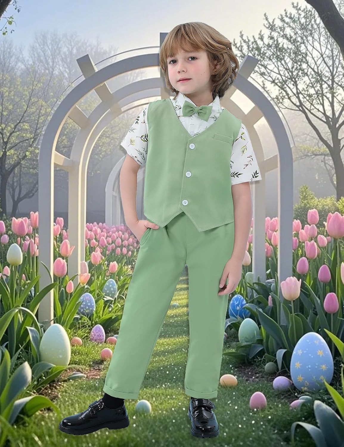 A&J DESIGN 4pcs Baby & Toddler Boy Suit Print Shirt Set for 12 Months - 5T, Shirt & Pants & Vest & Bow Tie