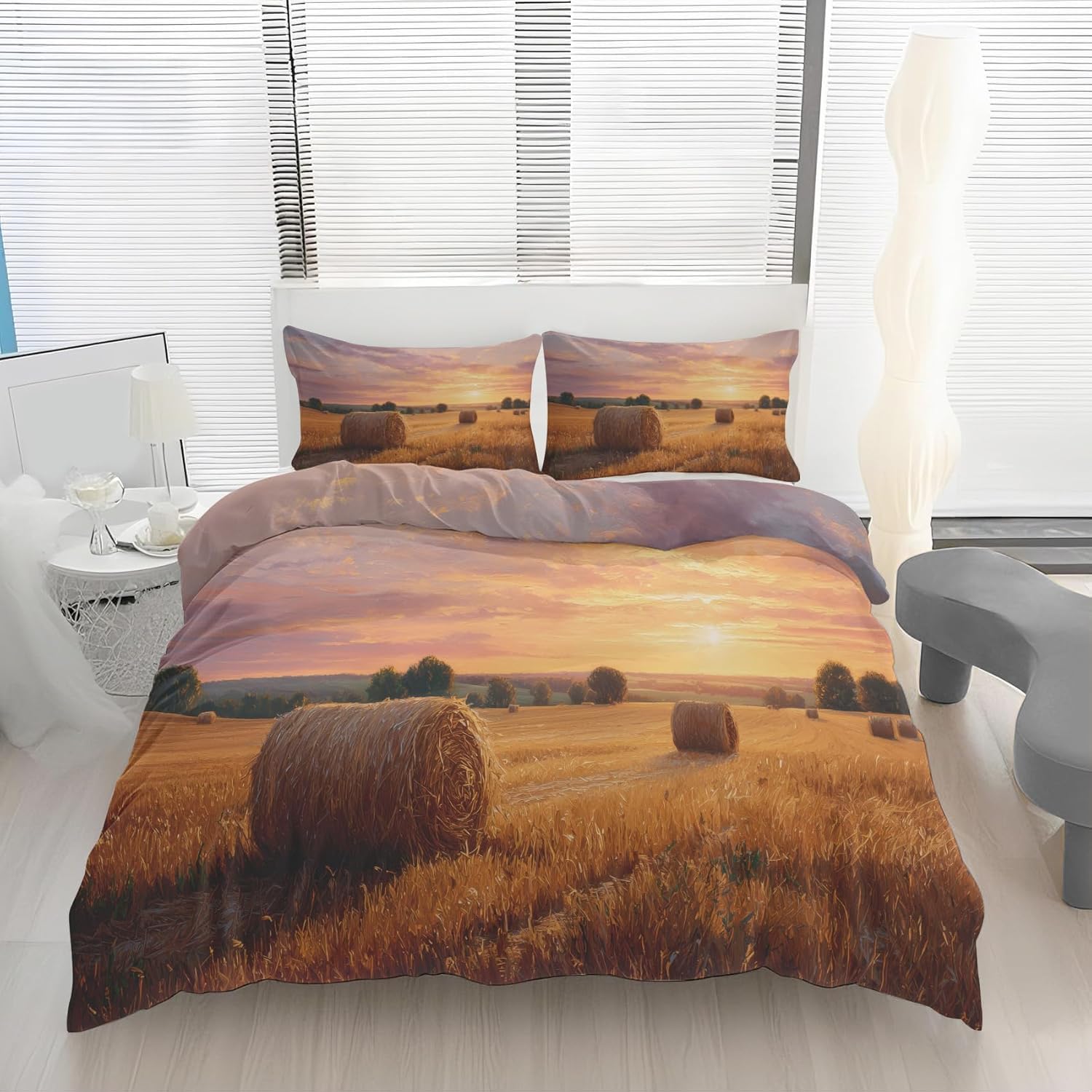 Housse de couette 240 x 220 cm pour lit 2 personnes au décor de ferme rurale avec fermeture éclair