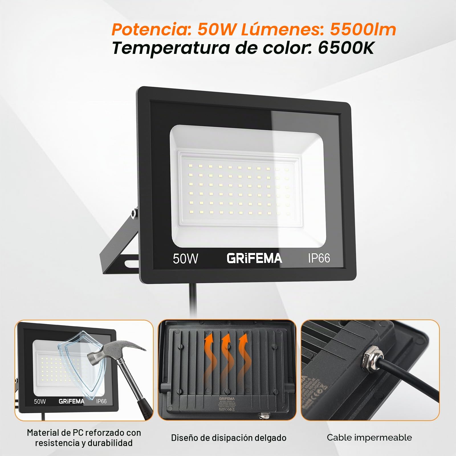 GRIFEMA Focos LED Exterior 50W, 5500LM Foco Proyector LED, 60 LED 6500K Blanco Frío Floodlight para Casa, Garaje, Patio, Camino, Jardín, Sin Enchufe (Paquete de 4)