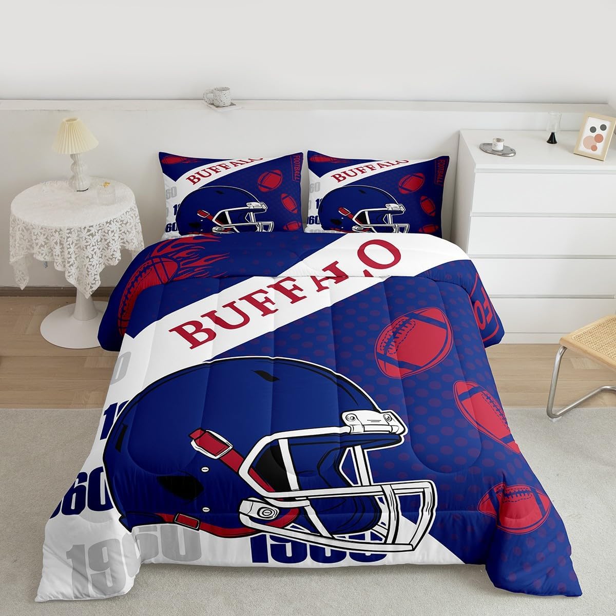 Feelyou Football Comforter Set Twin Size Buffalo Bedding Set for Kids Boys Girls Football City Duvet Quilt Fans Gift Bedroom Decor Microfiber 2 Pcs with 1 Pillow Cases