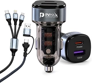 PVMAX 130W Fast Car Charger with 3 in 2 Charging Cable, USB 100W & PD 30W Dual Port, USB & Type C Input, Micro, Lightning,... Price In India