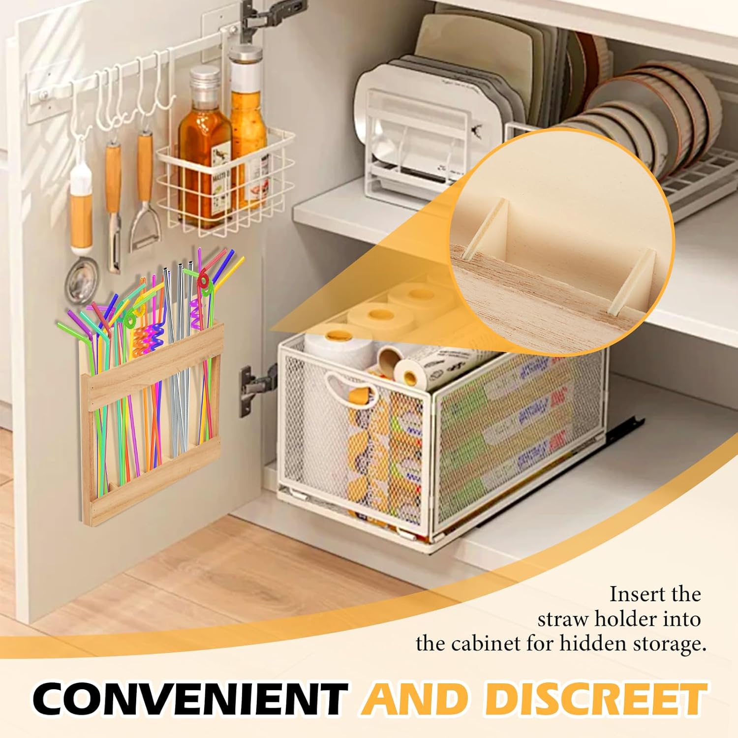 Wooden Straw Holder with Double Sided Adhesive Tape Wooden Straw Organizer Straws Dispenser Reusable Tumbler Straws Storage Container for Counter Kitchen Cupboards - Image 5