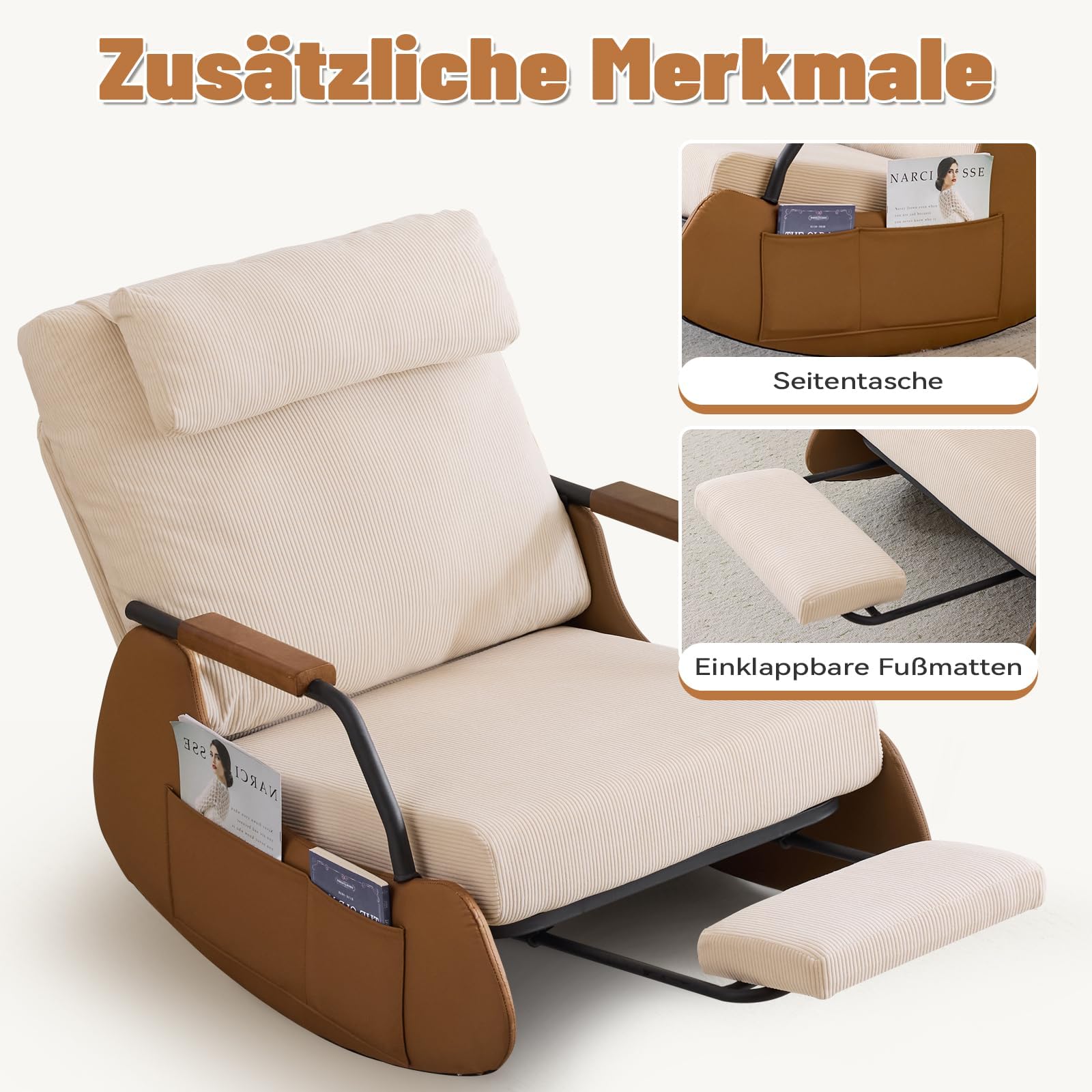 AVAWING Schaukelstuhl mit Klappbarer Rückenlehne,Schaukelsessel mit Kordober Holz und PU,Rocking Chair Schwingsessel für Wohnzimmer,Schlafzimmer,Beige
