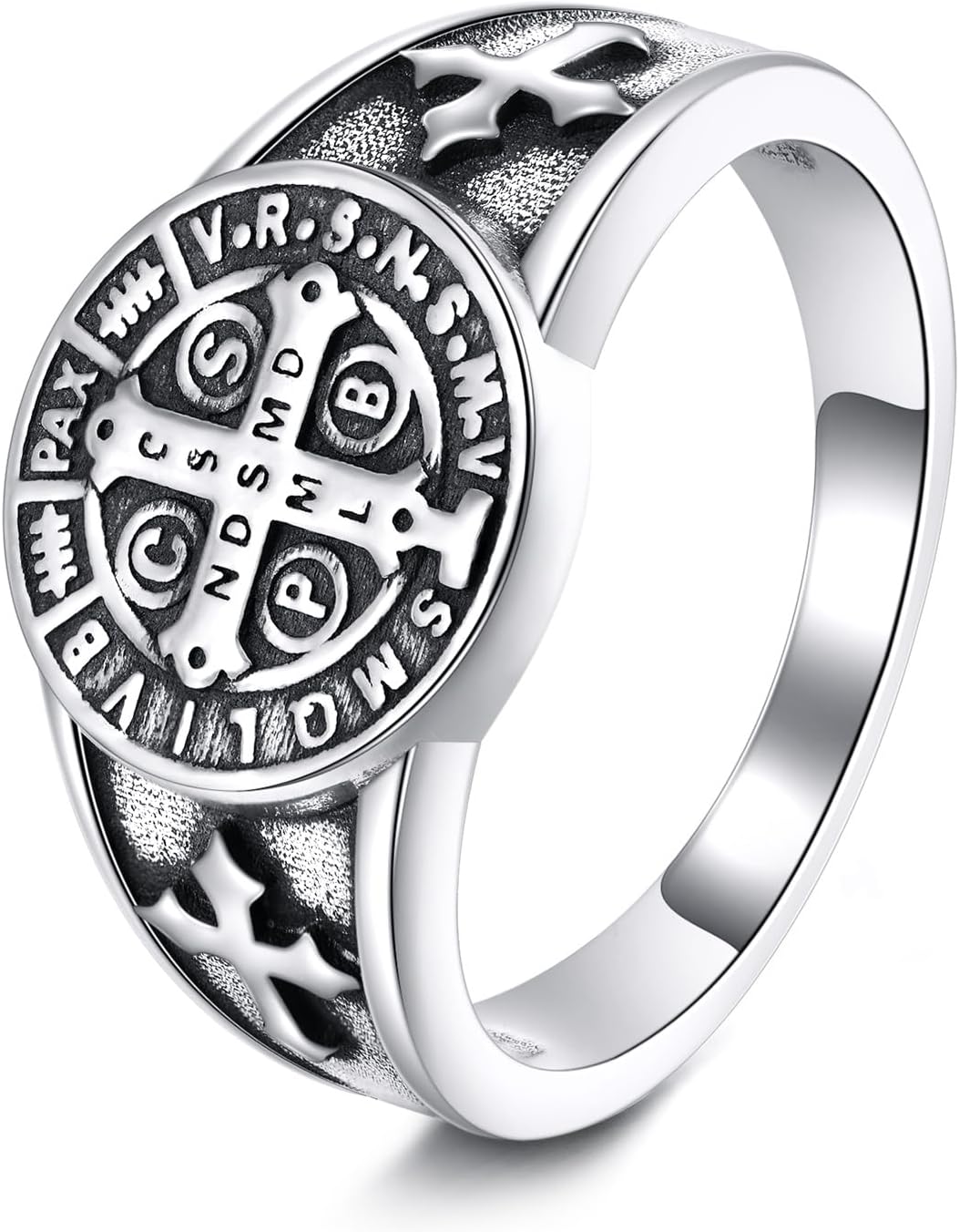 URONE St Benedict Exorcism Ring 925 Sterling Silver Catholic Ring St Benedict Jewelry For Men Women