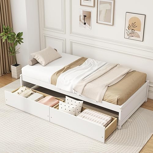 Miniatura 3 de Giantex - Estructura de cama individual con 2 cajones de almacenamiento, cama de plataforma de madera maciza con soporte de listones, sofá cama