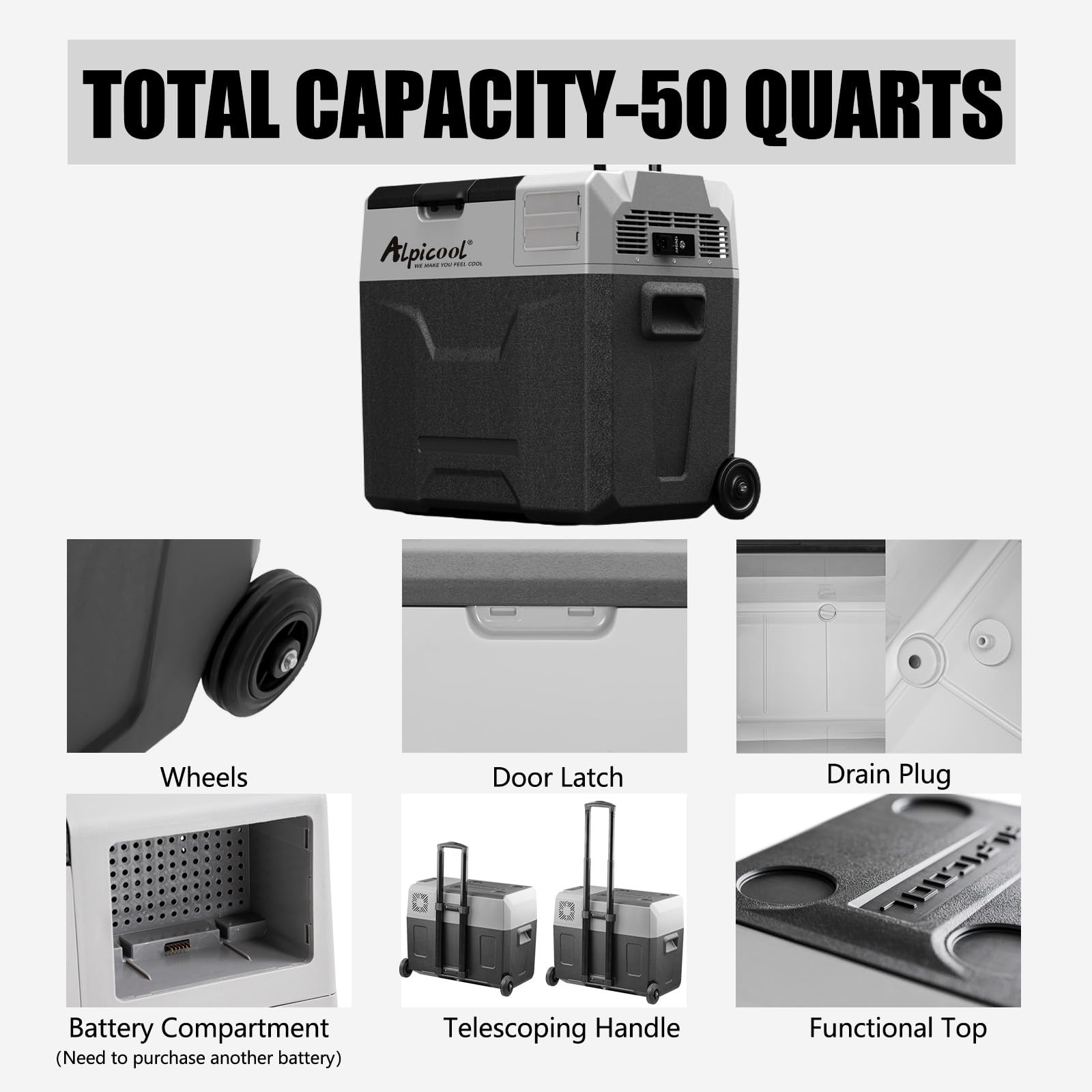 Alpicool ECX50 - Frigorifero con compressore da 50 L, frigorifero elettrico portatile da 12 V per auto, per campeggio con USB, asta telescopica e ruote, ricaricabile (batteria non inclusa)