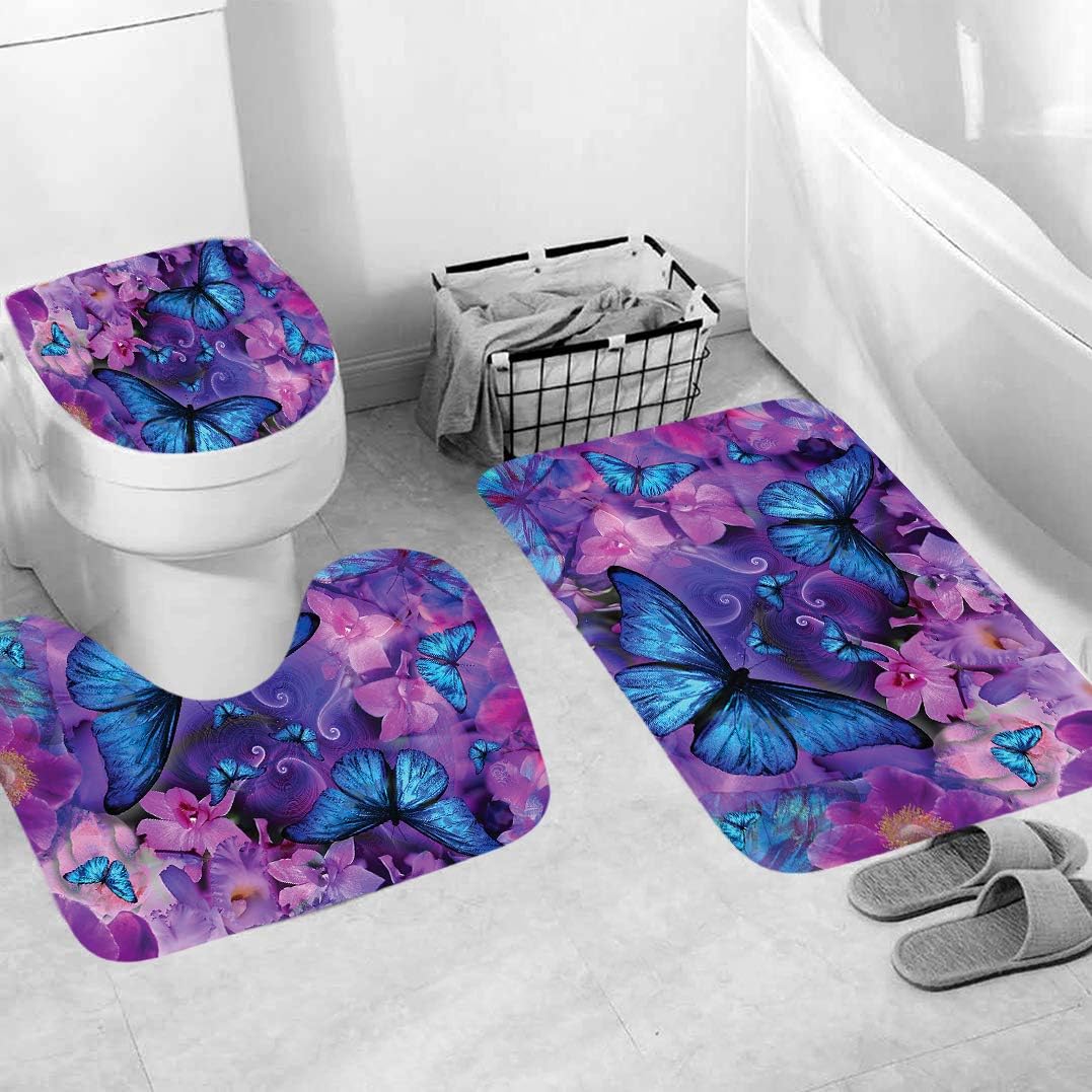 4Pcs Flowers and Butterfly Shower Curtain Set with Non-Slip Rugs and Toilet Lid Cover Cute Animals Floral Fabric Bathroom Decor with Hooks Waterproof Washable 72"x72" Blue Purple