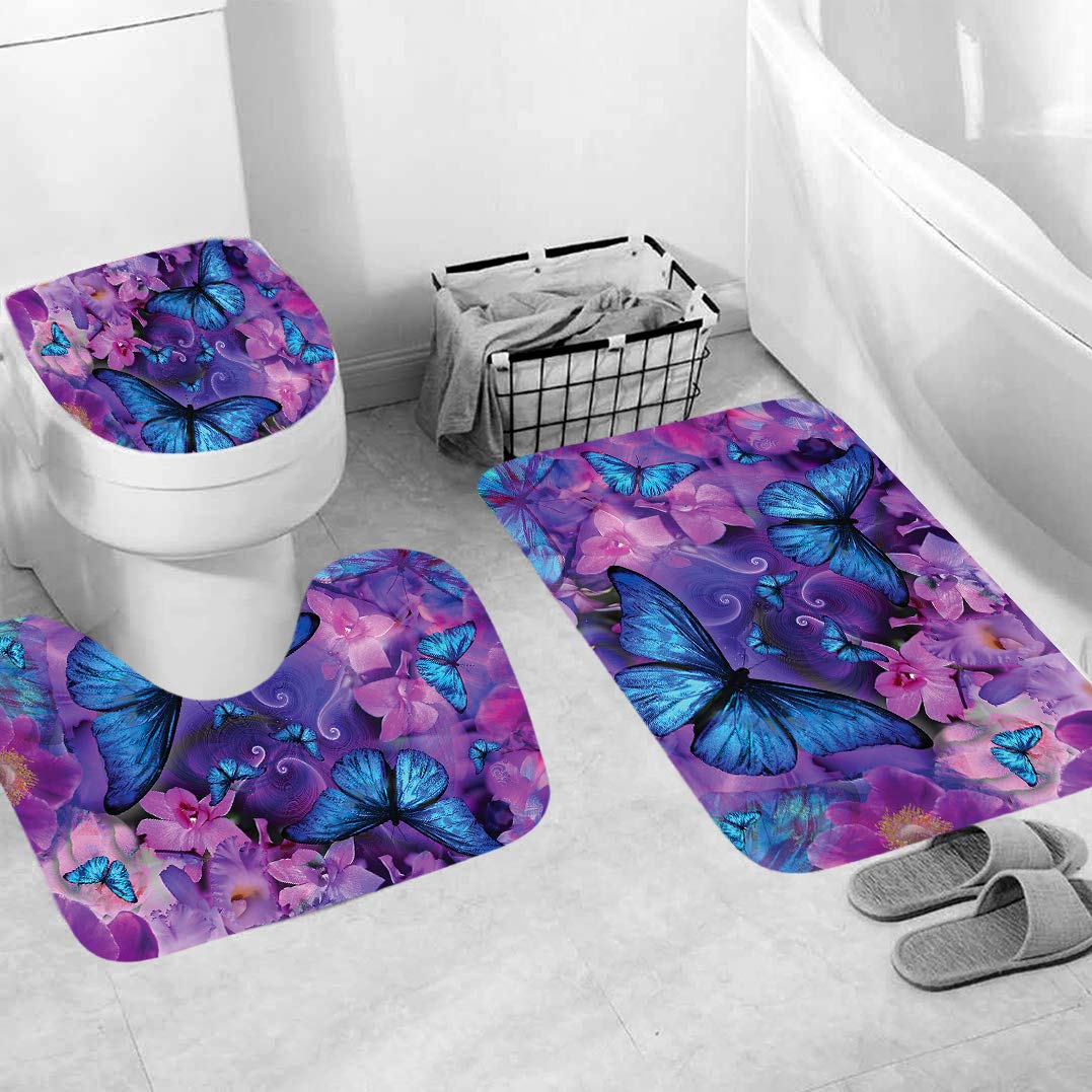 4Pcs Flowers and Butterfly Shower Curtain Set with Non-Slip Rugs and Toilet Lid Cover Cute Animals Floral Fabric Shower Curtain Bathroom Decor with Hooks Waterproof Washable 72