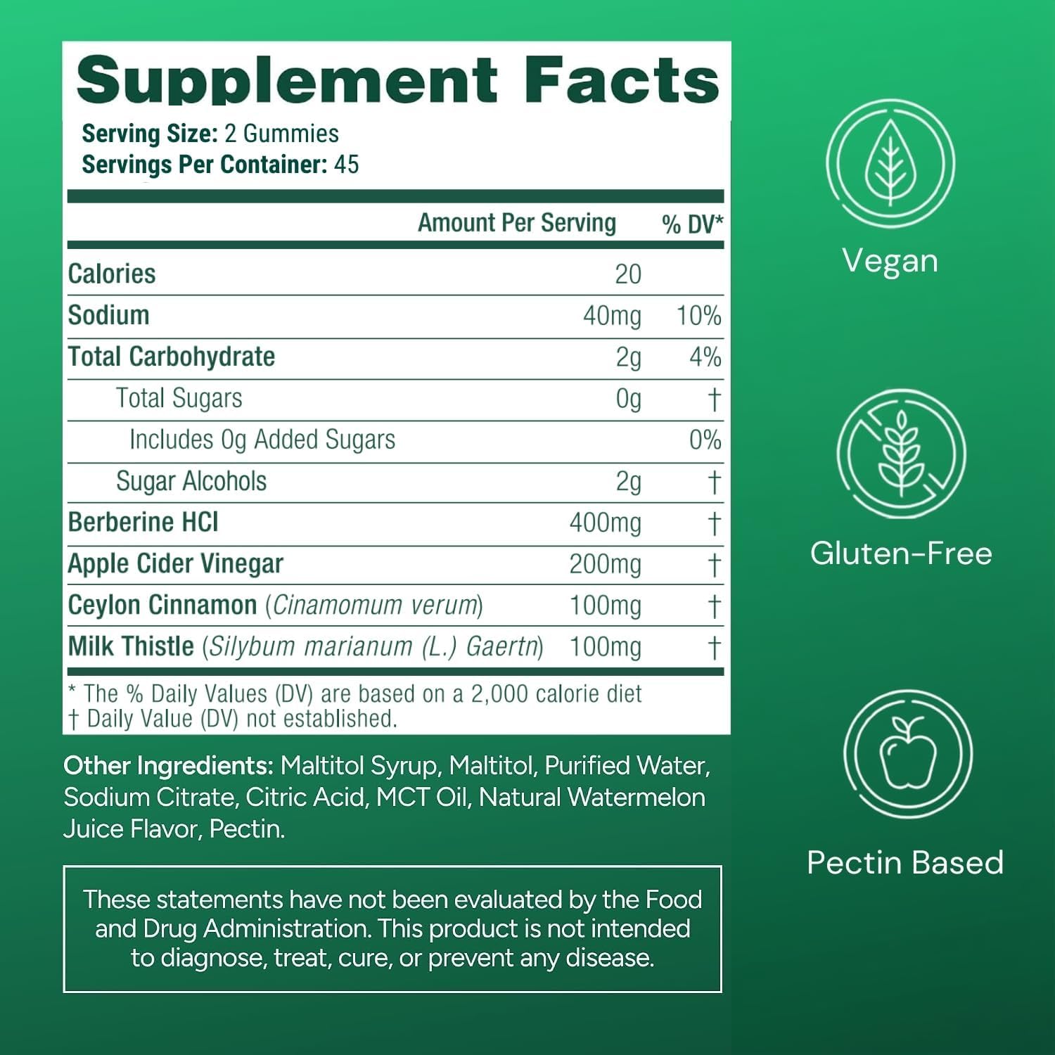 Sugar-Free Berberine Gummies - with Ceylon Cinnamon, Milk Thistle & ACV - No More Capsules or Pills — Amazon image 3
