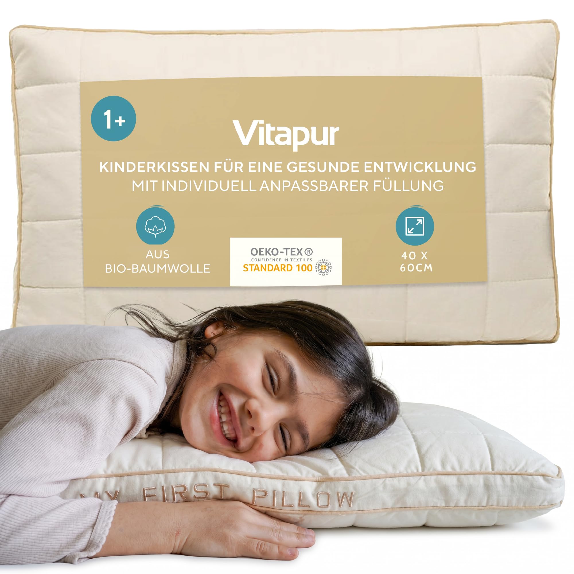 Vitapur Kinderkissen 40x60 cm für Kinder von 1–10 Jahren – Mitwachsendes Kinder Kissen & Kopfkissen, Höhenverstellbar, Bambusfasern & Ungebleichte Baumwolle, Waschbar bei 60°C, Oeko-TEX Küche, Haushalt & Wohnen