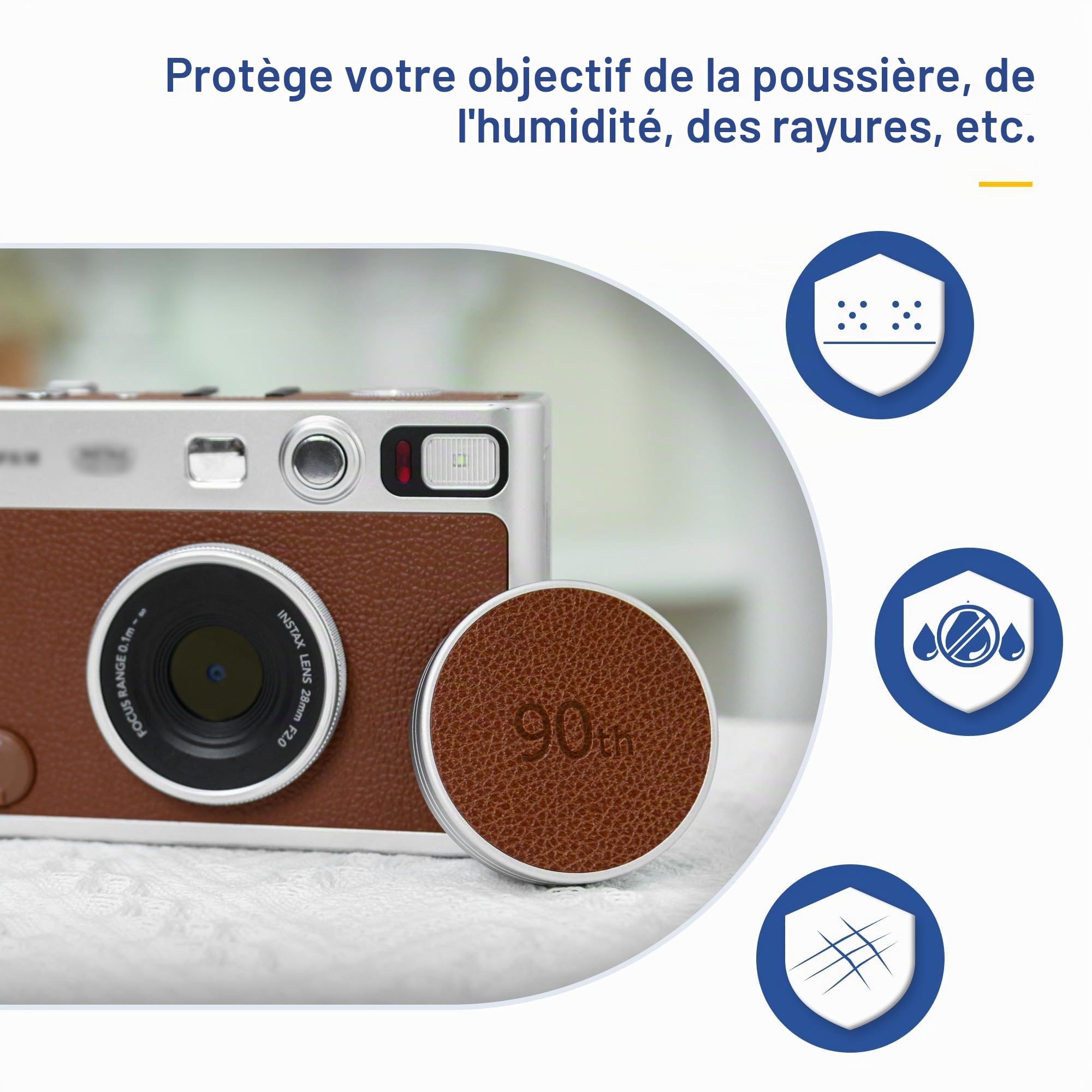 JJC Bouchon D'objectif en Métal pour Appareil Photo Fuji Instax Mini Evo, Accessoires Mini Evo en Aluminium avec Surface en Cuir et Intérieur en EVA Souple, Marron