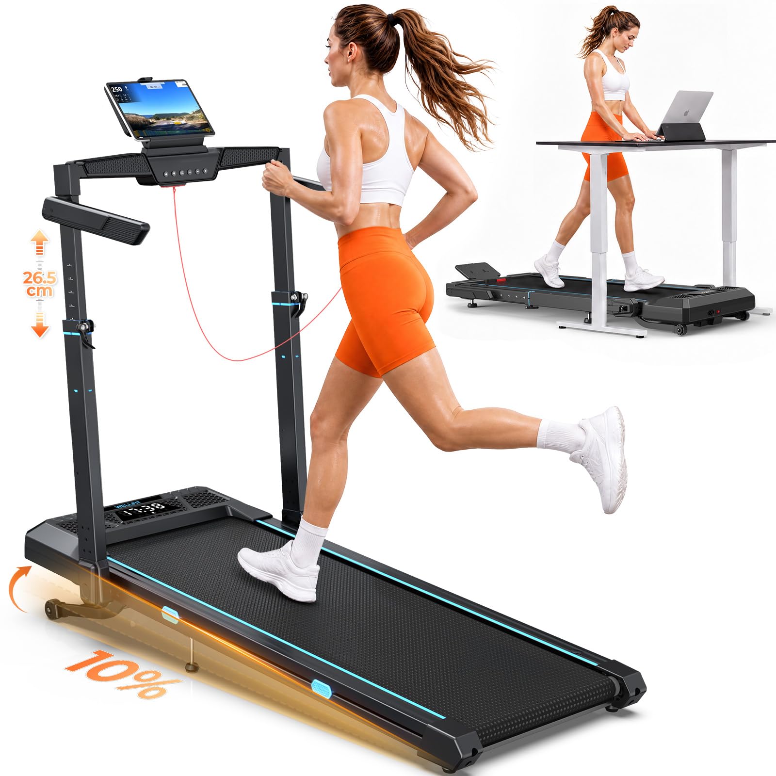 Cardirun Laufband für Zuhause mit 10% Auto Steigung, Klappbar Walking Pad | 6 in 1 laufbänder mit 104cm Höhenverstellbarer Griff, 14KM/H, 3.5HP Leiser Treadmill, 12 × 43 cm Große Lauffläche, 160KG