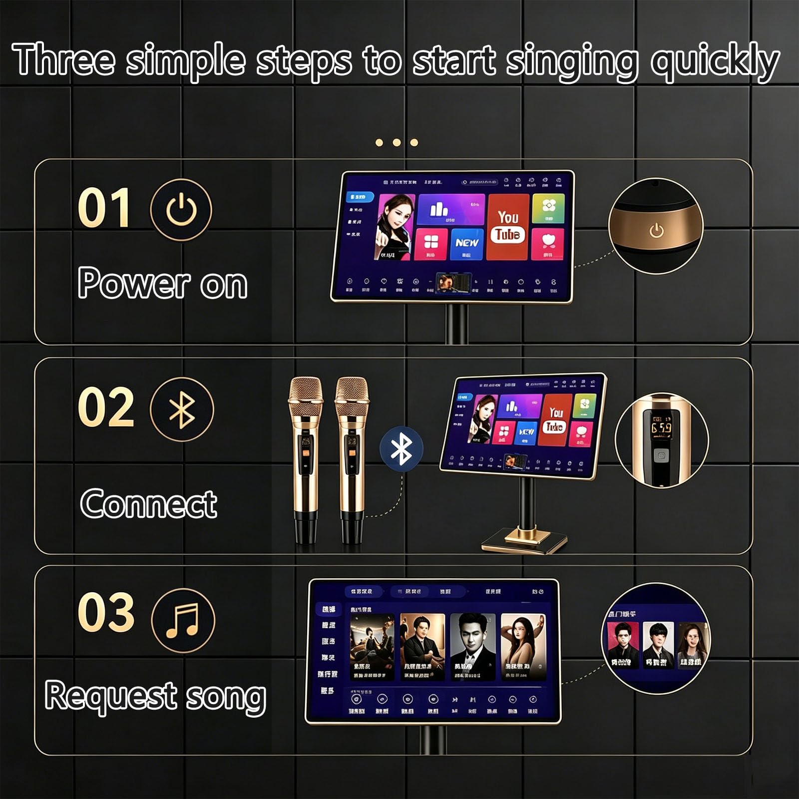 Macchina per Karaoke da 21,5 Pollici, 2 Microfoni Wireless, Sistema Touchscreen Portatile, Altoparlante Stereo Integrato E Bluetooth, Controllo Tramite App per Smartphone
