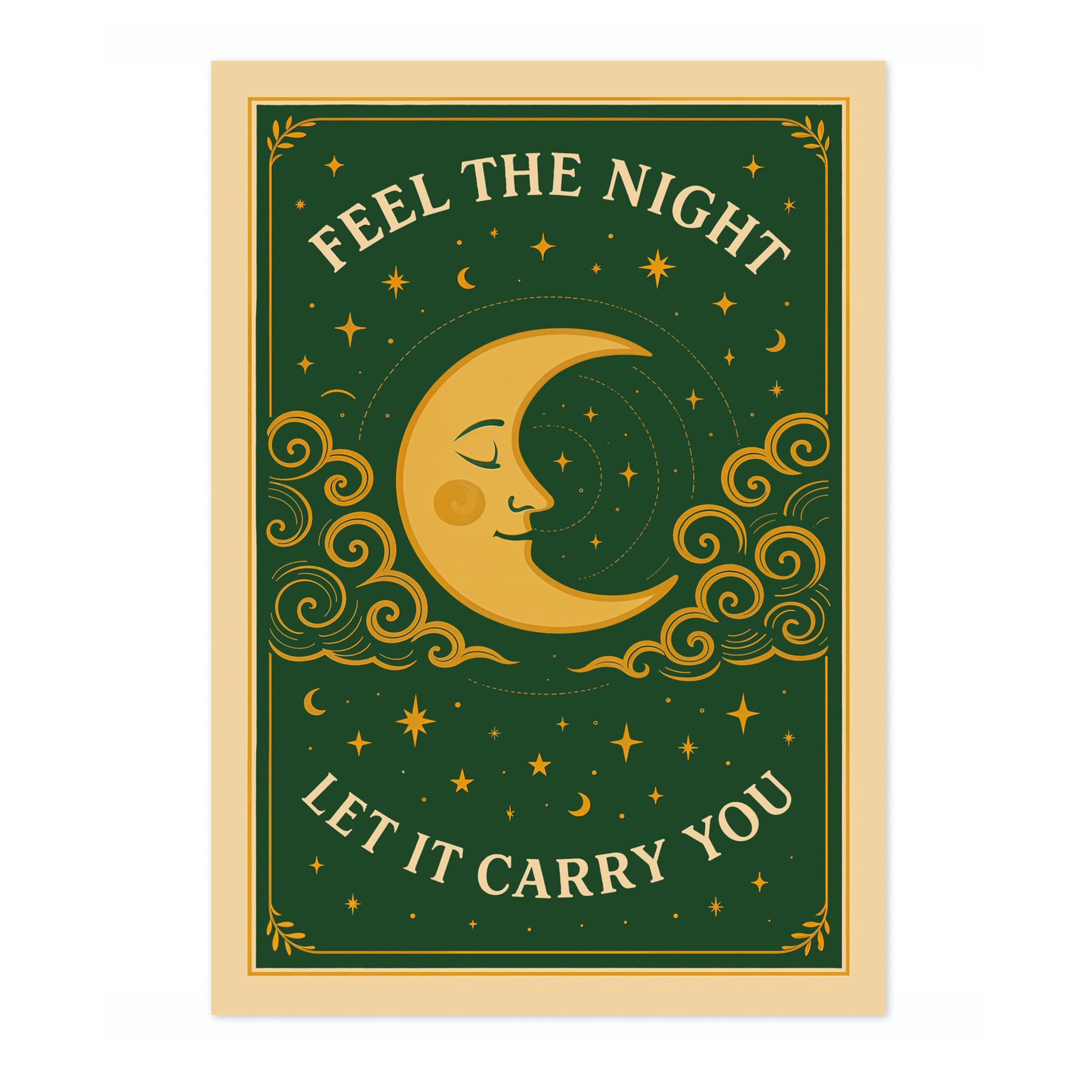 Animato Feel The Night, Green Poster, Boho Vintage Spiritual Illustration Print, Meditation Wall Art, A5 (Print Only) - 21x14.8cm