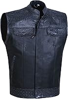 Vista 12 de SOA - Chaleco de motocicleta para hombre, piel de búfalo de alta calidad, armadura trasera, bolsillos interiores, chalecos de club de motociclista