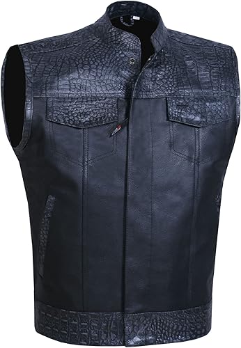 Miniatura 28 de SOA - Chaleco de motocicleta para hombre, piel de búfalo de alta calidad, armadura trasera, bolsillos interiores, chalecos de club de motociclista,