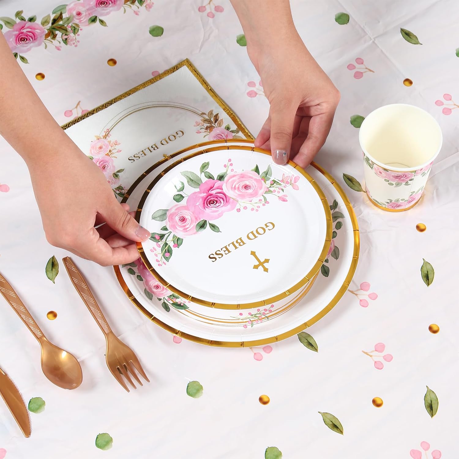 Religious Party Plates for 24 Guests - Baptism, First Communion, Confirmation (Pink2)