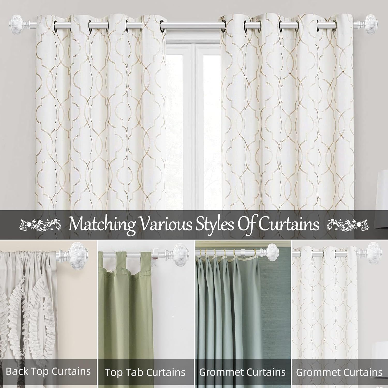 Sliver Curtain Rod for Windows 48 to 84 Inches(4-7ft): 1 inch Diameter Heavy-Duty Adjustable Curtain Rod with Marble Grain Finials For Bedroom & Livingroom