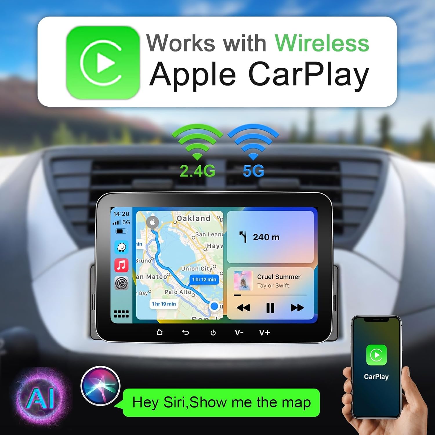 Paparan radio kereta yang menunjukkan antara muka Apple CarPlay dengan navigasi dan muzik