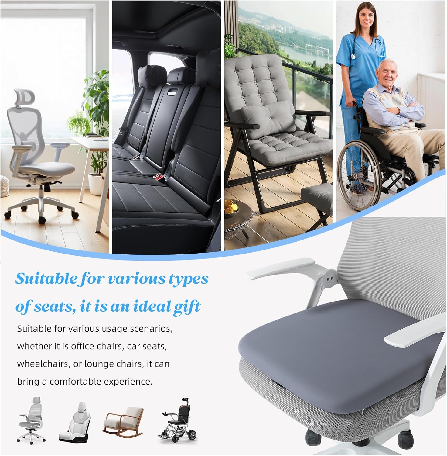 SheRest Office Chair Cushion with Straps, Memory Foam Seat Cushion with Removable Cover, Suitable for Office Chairs, Car Seats, and Airplane Seats, Gray, X-Large