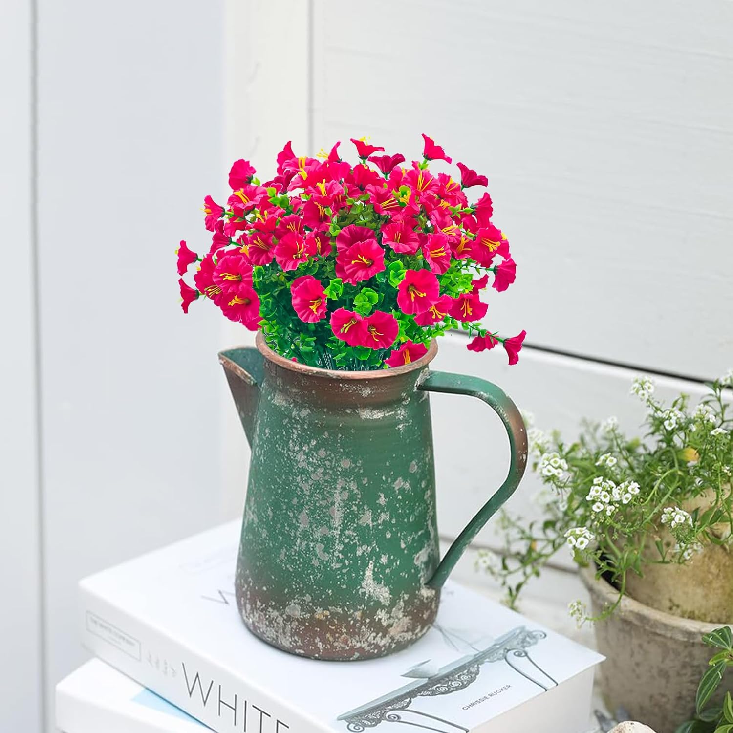 8 Bundles Artificial Fake Flowers for Outdoor - UV Resistant Fake Flowers Outdoor Faux Plastic Plants for Outside Patio,Porch,Garden Décor(Rose Red) - Image 9