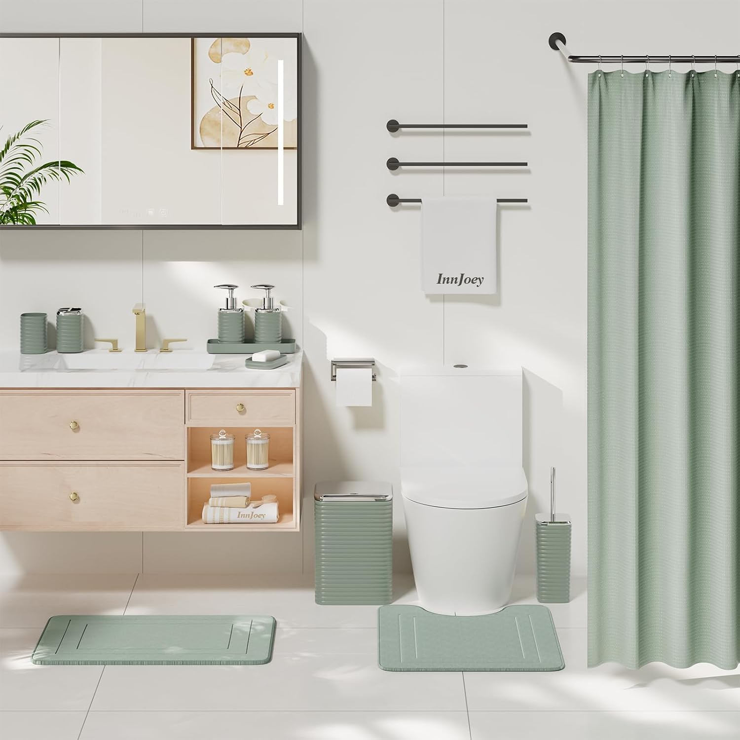 Bathroom Set - 25PC Bathroom Sets with Shower Curtain and Rugs, Sage Green Bathroom Set, Bathroom Accessory Set, Luxury Bathroom Accessories Set, Trash Can, Toilet Brush & Soap Dispenser