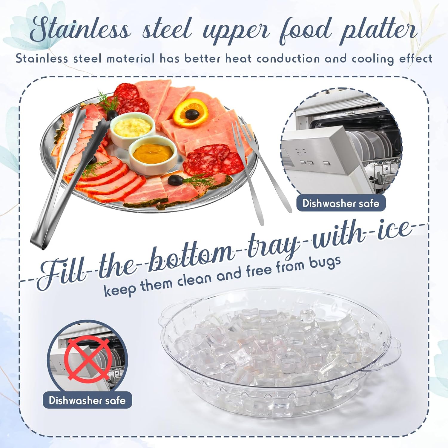 Baderke 2 Sets 11.8" Chilled Serving Tray for Parties Round Iced Platter with Ice Underneath Stainless Steel Clip Fruit Fork Shrimp Cocktail Serving Dish for Oysters Crawfish Fruits (Original) - Image 3