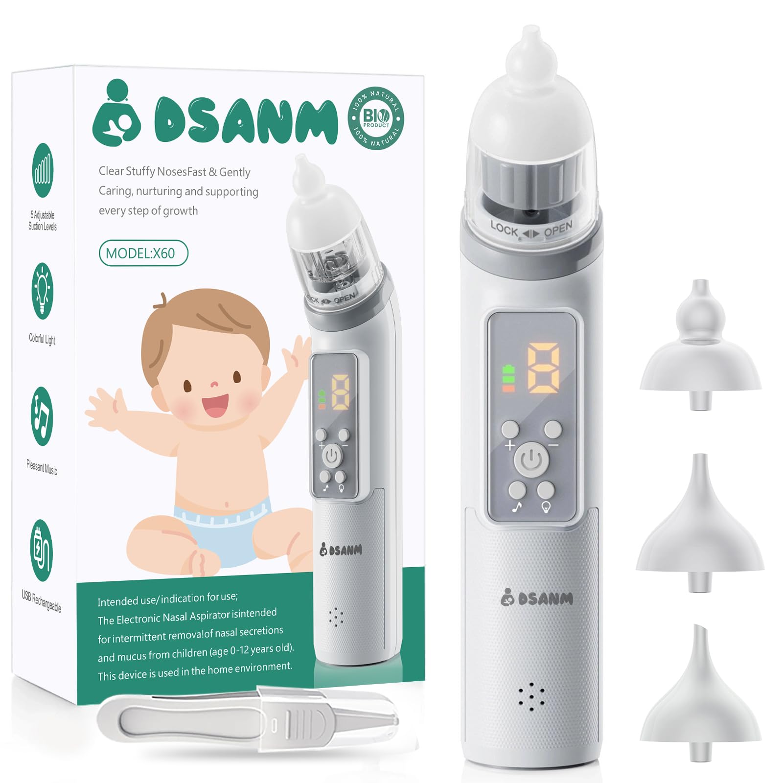 Aspiratore nasale elettrico per bambini, ricaricabile tramite USB, regalo, display digitale, con attacchi multipli