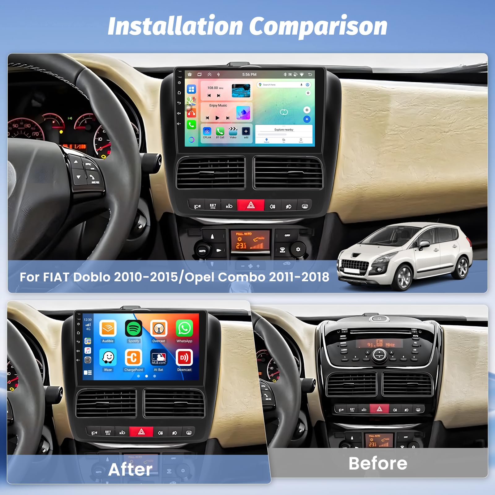 Roinvou 8 Core 4+64G Android Autoradio per FIAT Doblo 2010-2015/Opel Combo 2011-2018, Stereo 2 DIN con 9 Pollici Schermo con GPS WiFi 32EQ DSP Mirror Link Bluetooth FM/RDS Radio SWC Retrocamera
