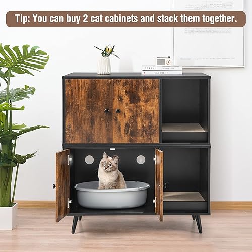 Miniatura 10 de Tangkula Caja de arena para gatos, baño para gatos con división, almohadilla para rascar, pata de metal, gabinete cerrado para mascotas con puertas