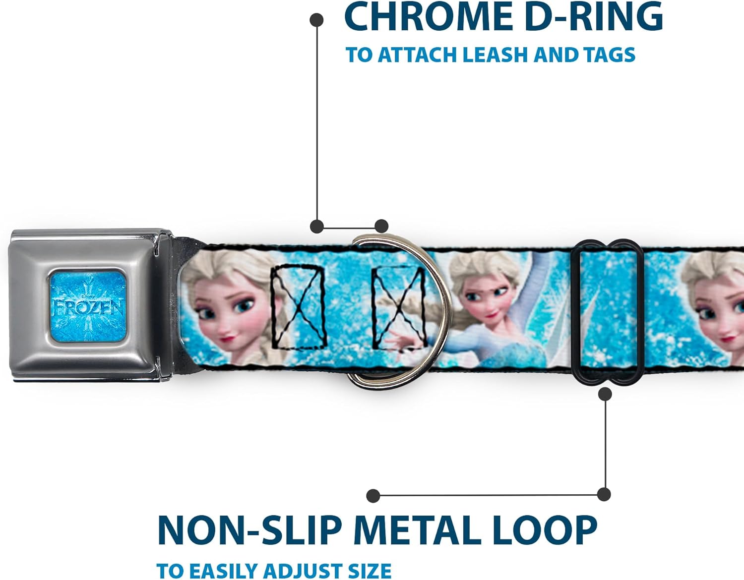 Buckle-Down Seatbelt Buckle Dog Collar - Frozen Elsa Face/Action Pose/Snowflakes Blues/White - 1" Wide - Fits 9-15" Neck - Small
