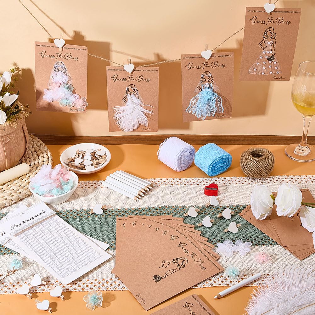 OLYCRAFT 30 set Guess the Dress Bridal Shower Games Fun Wedding Party Supplies Giochi Idee includono Wedding Shower Game Card Matita Pearl Sticker Clip Pizzo Trim Piuma Ornamento per Wedding Planners