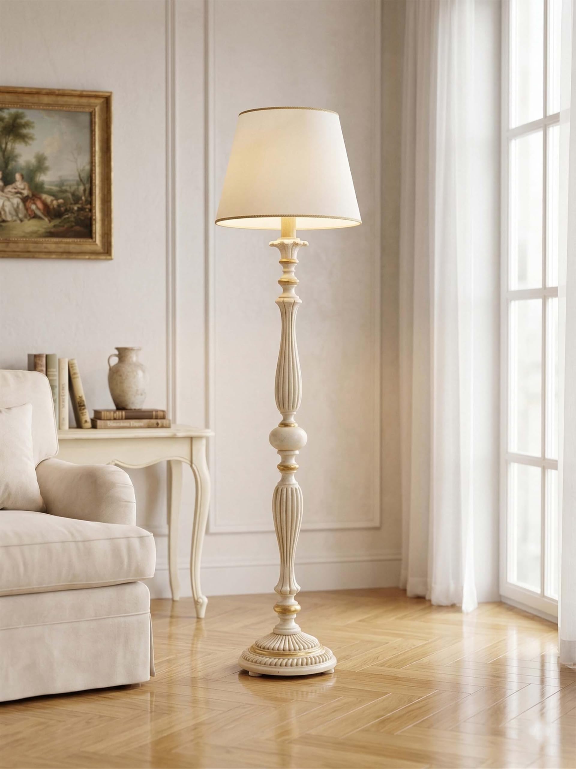 Piantana lampada da terra classica in legno avorio oro a 1 luce esse 725/t per camera da letto, soggiorno, camera, salone